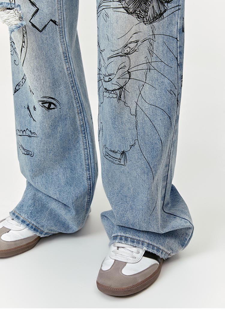 Graffiti Fun Niche Print Washed Distressed Denim Trousers