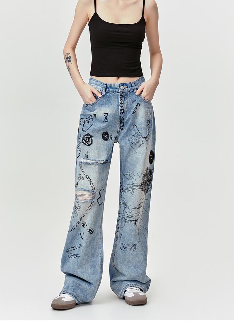 Graffiti Fun Niche Print Washed Distressed Denim Trousers