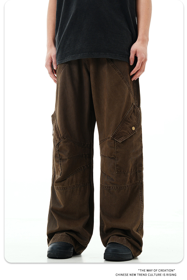 Work Pants with Adjustable Waistband and Large Pockets - Straight Leg Casual Trousers