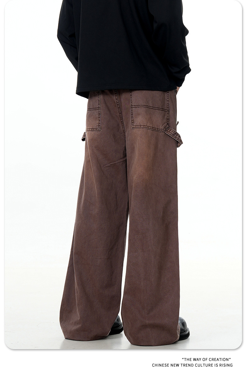 Carpenter Work Pants for Men and Women Vintage Washed Distressed Riveted Denim Loose Straight Leg Long Trousers