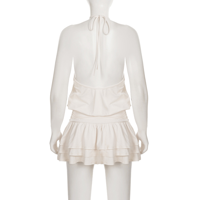 Hanging neck lace up short skirt sleeveless casual backless solid color dress