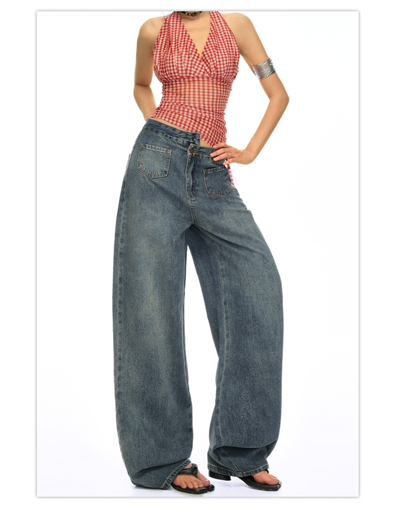 Blue High-Waisted Straight Leg Jeans for Women Loose Wide-Leg Pants Summer