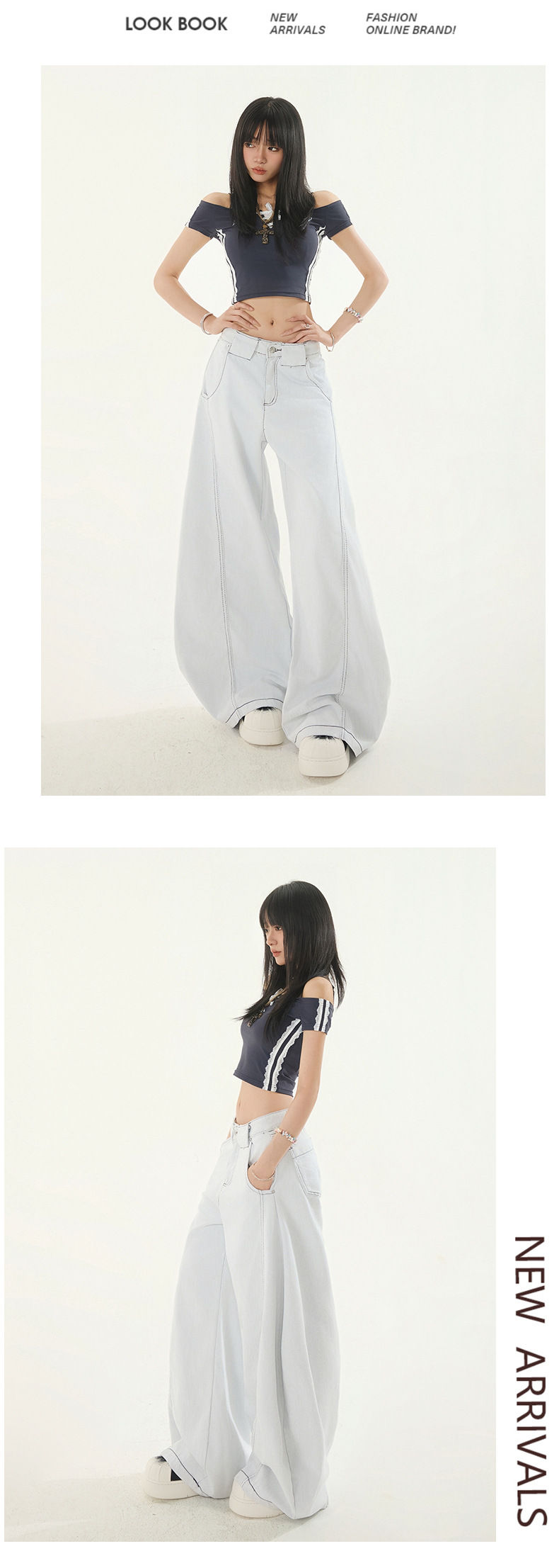 Low-Waist Knife-Edge White Jeans for Women Summer New Loose Straight High Street Wide Leg Pants