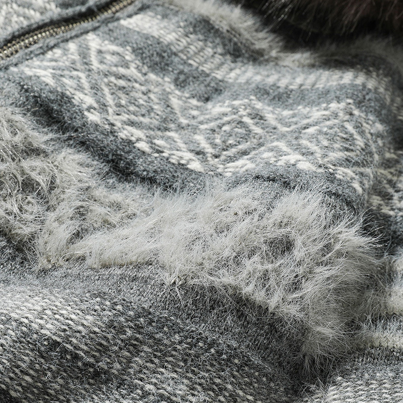 Matching Oversized Furry Trim Jacquard Knit Overcoat