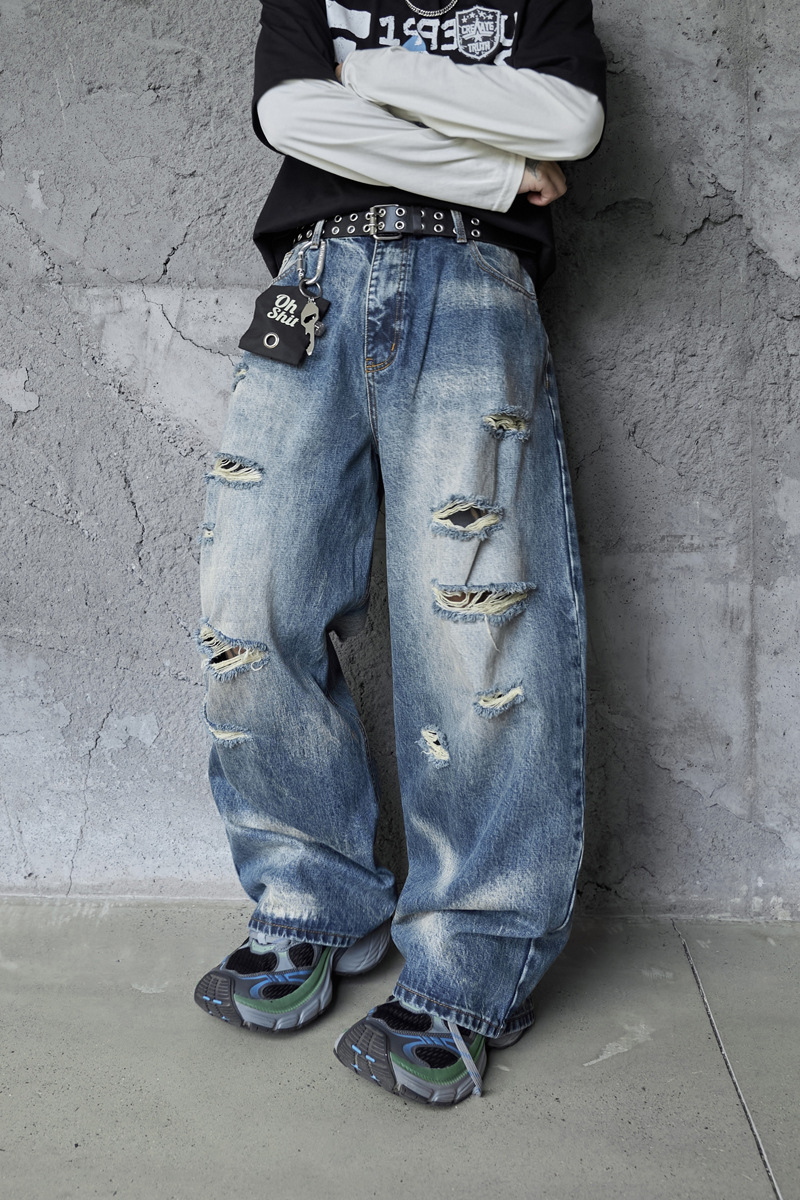 Vintage Personality Design Ripped Streetwear Loose Fit Jeans Men Hip Hop Distressed Wide Leg Long Pants