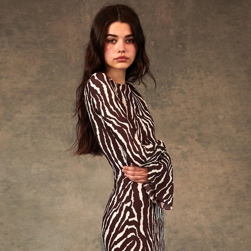 Maxi Skirt Full Sleeves Patterned Crew Collar Fitted