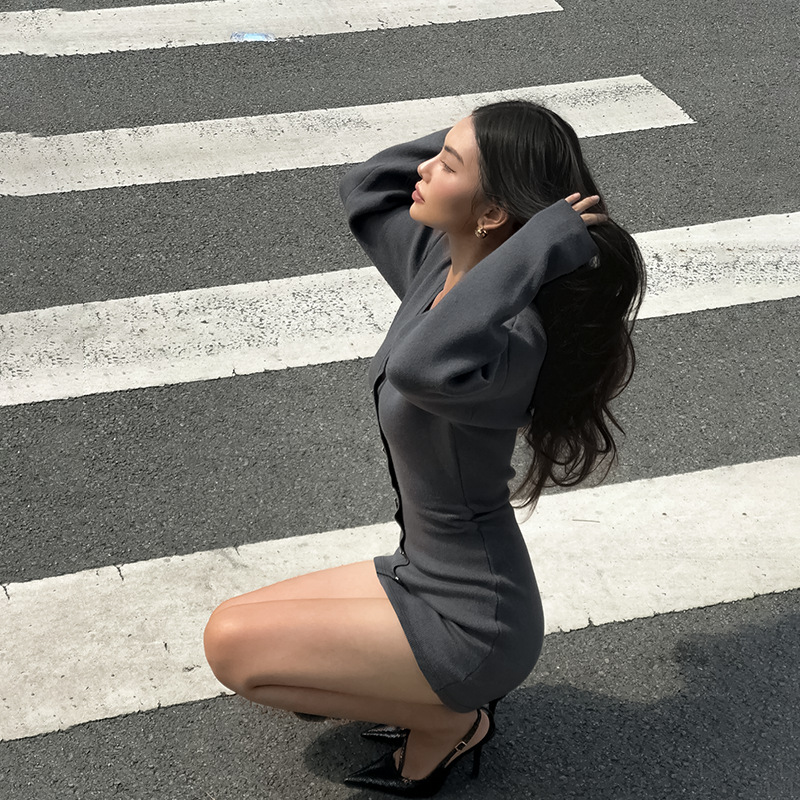 Long Sleeve Plunging Neck Mini Empire Dress