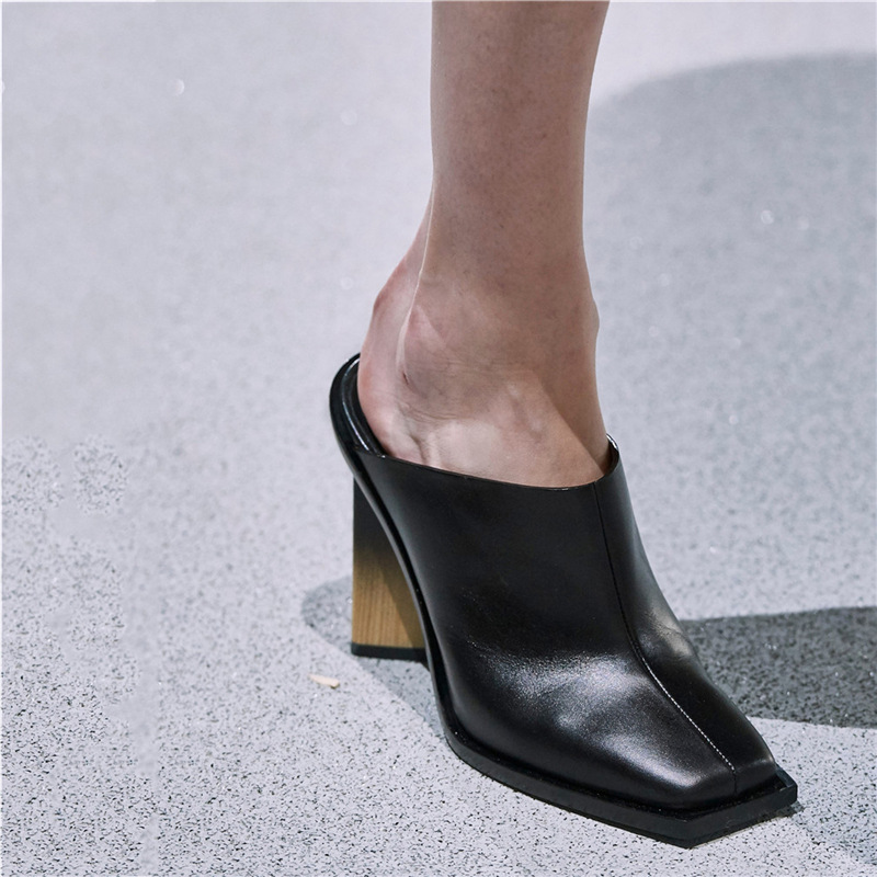 Summer Europe and The United States Catwalk High-Heeled Square Toe Toe Slippers Shaped Heel Sandals Large Size Ladies High Heels