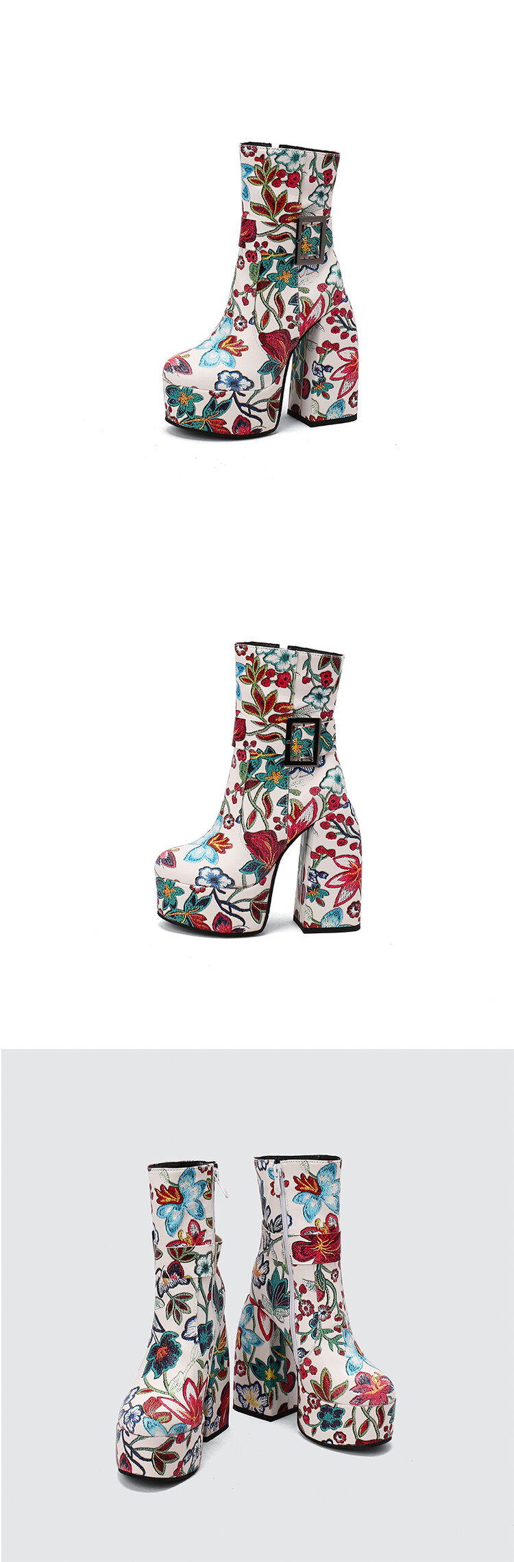 Women's Winter New Fashion Embroidery Pattern Thickened High-heeled Thick-bottomed Round Toe Side Zipper Ankle Boots
