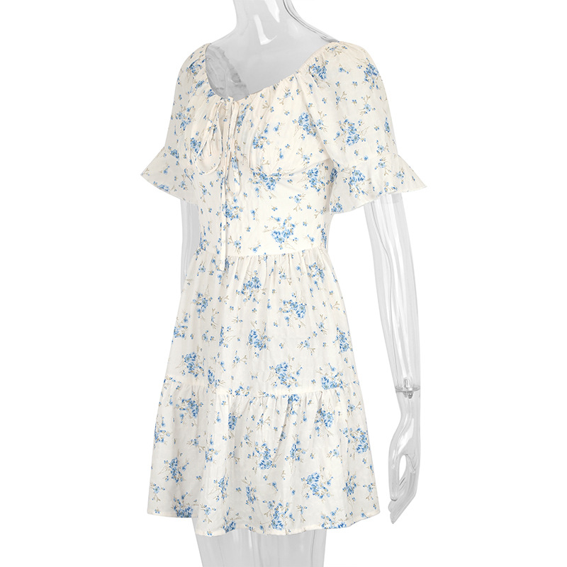 U Neck Puff Tie Waist Frilled Midi Dress
