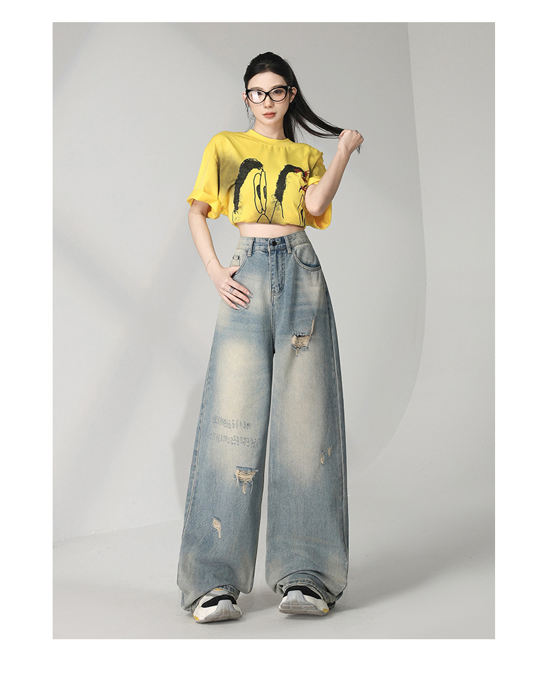 Retro Distressed Washed Ripped Jeans Women Loose High Waist Slim Wide Leg Floor-Length Pants