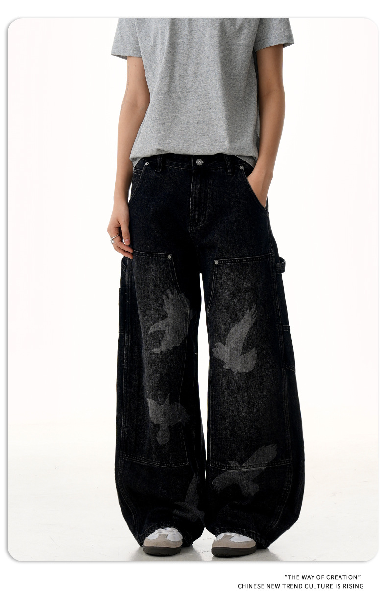 Jeans with Pigeon Pattern for Men and Women, Loose Fit Wide Leg Trousers