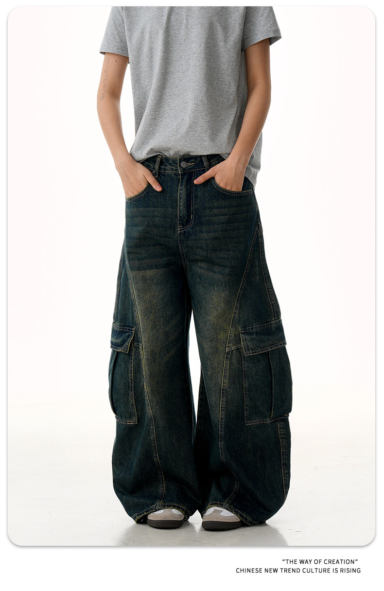 Blue Workwear Tapered Jeans for Men and Women with Multiple Pockets Loose Washed Banana Wide-Leg Long Pants