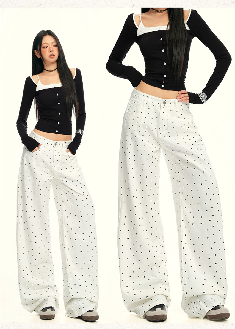 Women's Black and White Polka Dot Slimming Loose Straight Jeans High Waist Wide Leg Pants