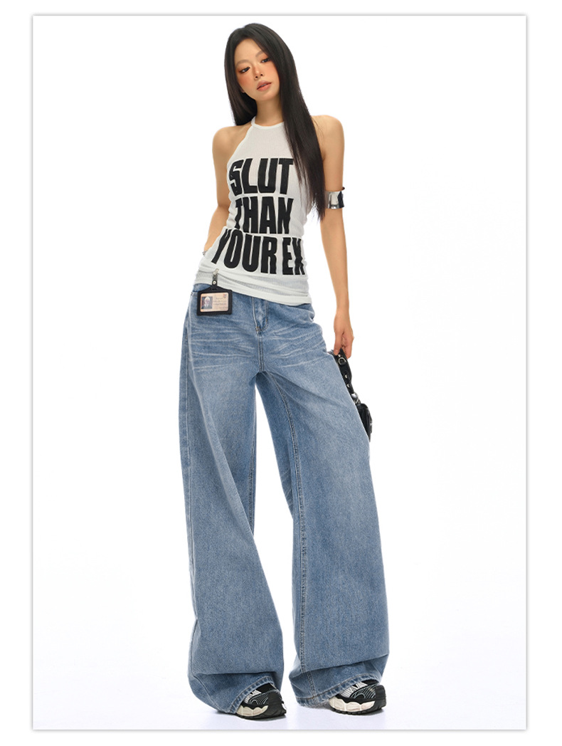 Vintage Washed Crease Wide Leg Pants Women High Waist Loose Slimming Drape Denim Pants Summer New Style