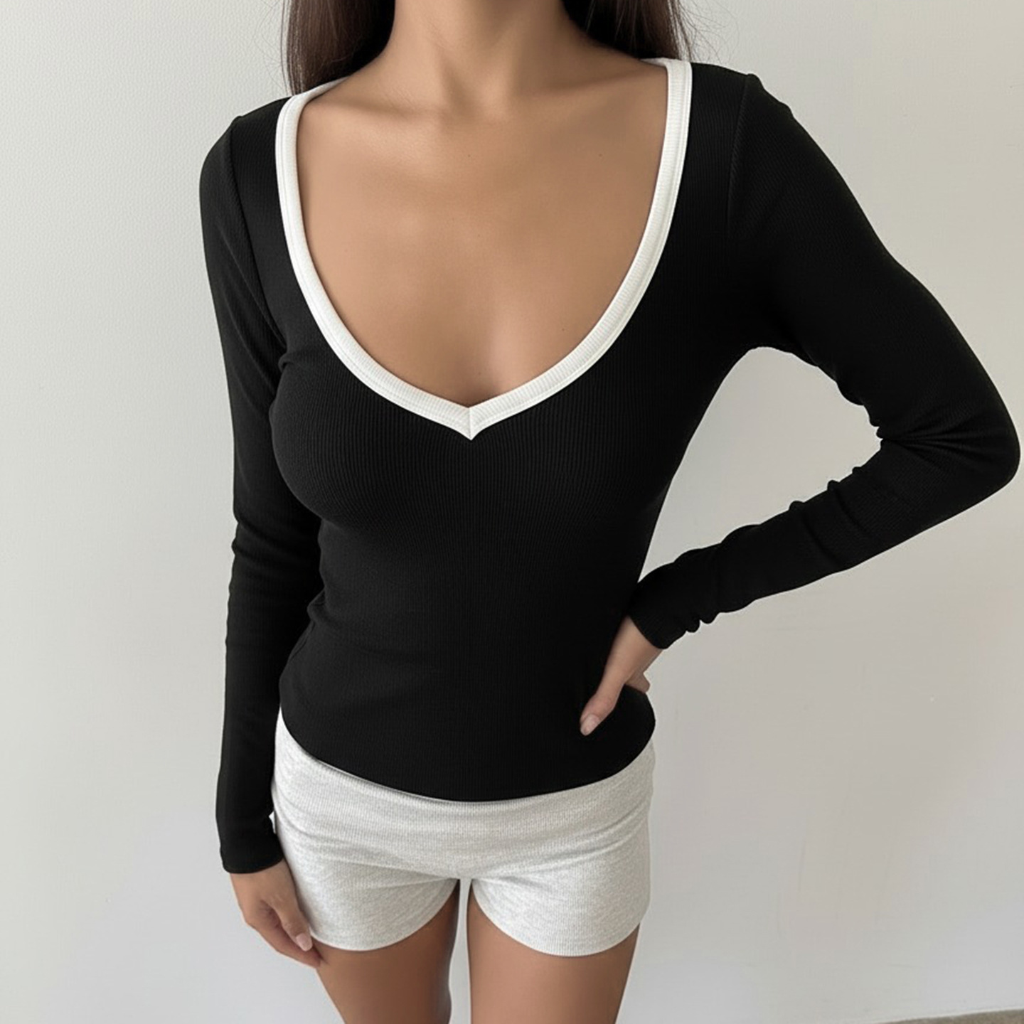 Ladies Two-Tone Long Sleeve Modal Bodysuit