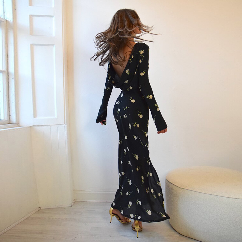 Long One-Shoulder High Waist Patterned Polyester Step-Skirt Dress