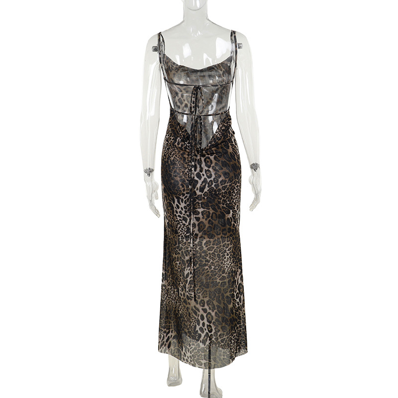 Hooded Sleeveless Leopard Print Open Back Polyester Dress