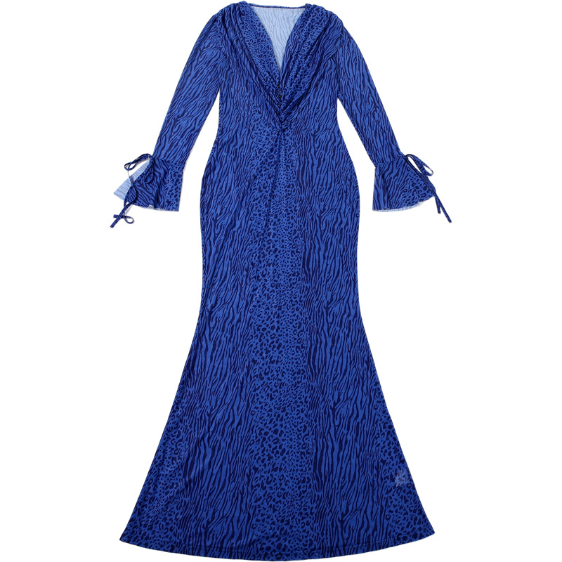 Feline Pattern Fitted Plunging Sheer Extended Sleeve Dress