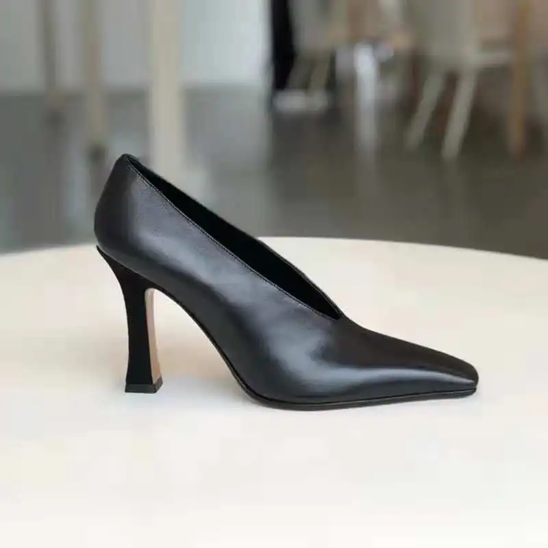 Ladies Vintage Chunky Female High Heel Pumps Sexy Cow Leather Women Square Toe Heels Lady Fashion Shoes Hot Sales
