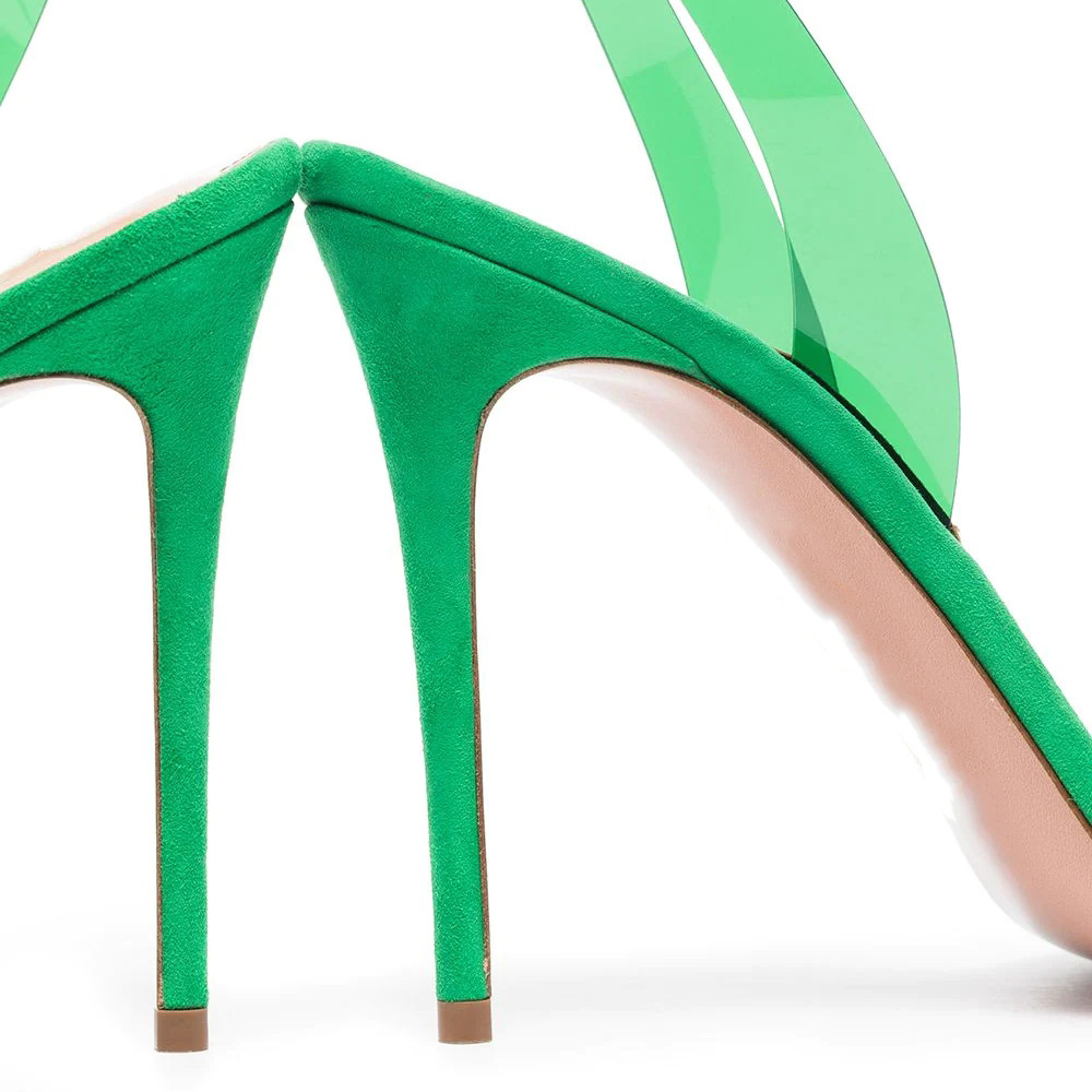 Green and purple PVC slim high heels with a single toe, round toe, open toe, and fashionable high heels