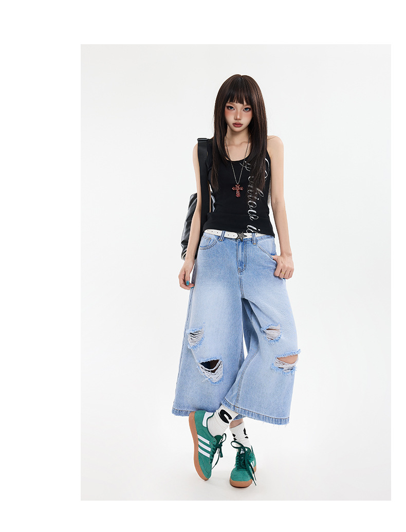 Black Gray Hole Seven-Point Denim Pants Women Vintage Wide-Leg Straight Leg Pants High Street Trendy
