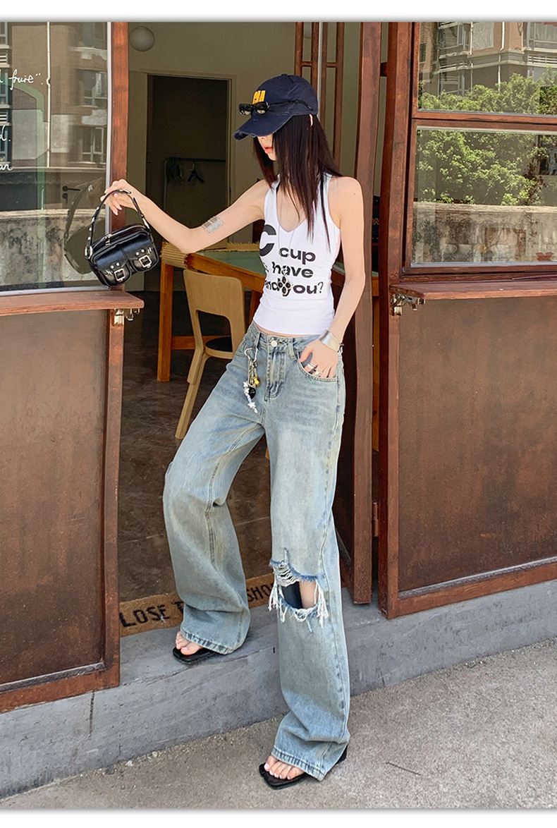 Light Blue Distressed Wide-Leg Jeans Women Retro Design Loose Straight Pants High Street
