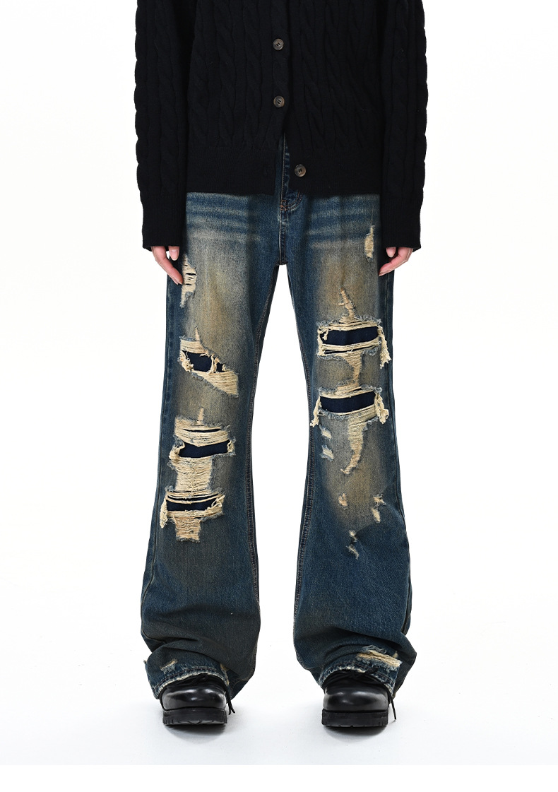 Washed Distressed Cat Whiskers Spray Monkey Dark Blue Denim Pants Unisex