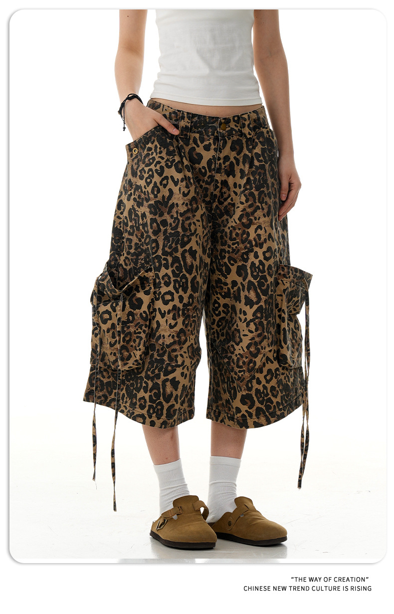 Leopard Print Loose Straight Calf-Length Pants for Men and Women Cleanfit Striped Sport Shorts
