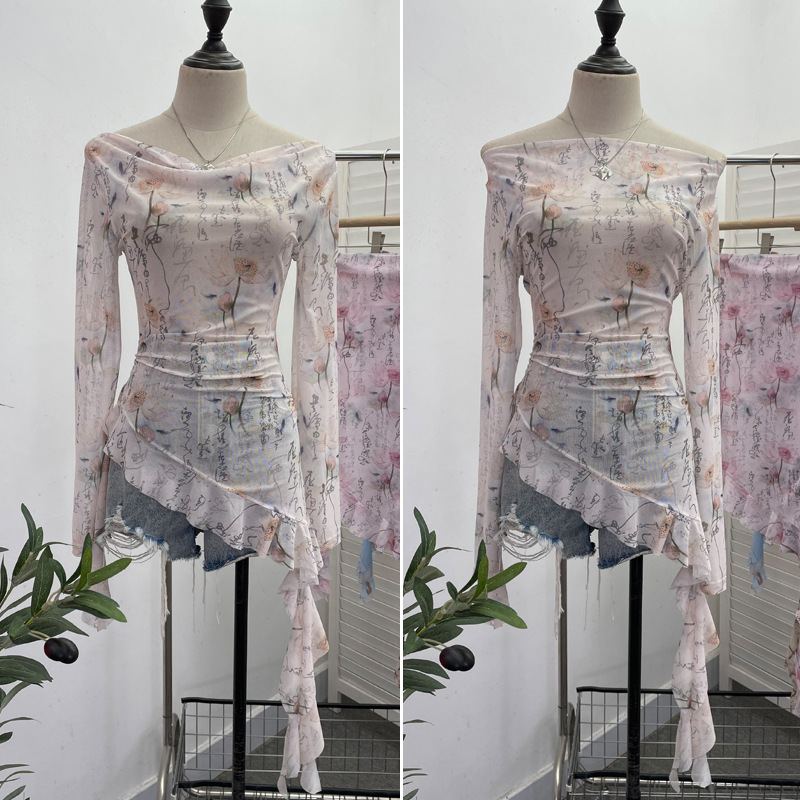 Flirty Asymmetrical Gathered Long Sleeve Top