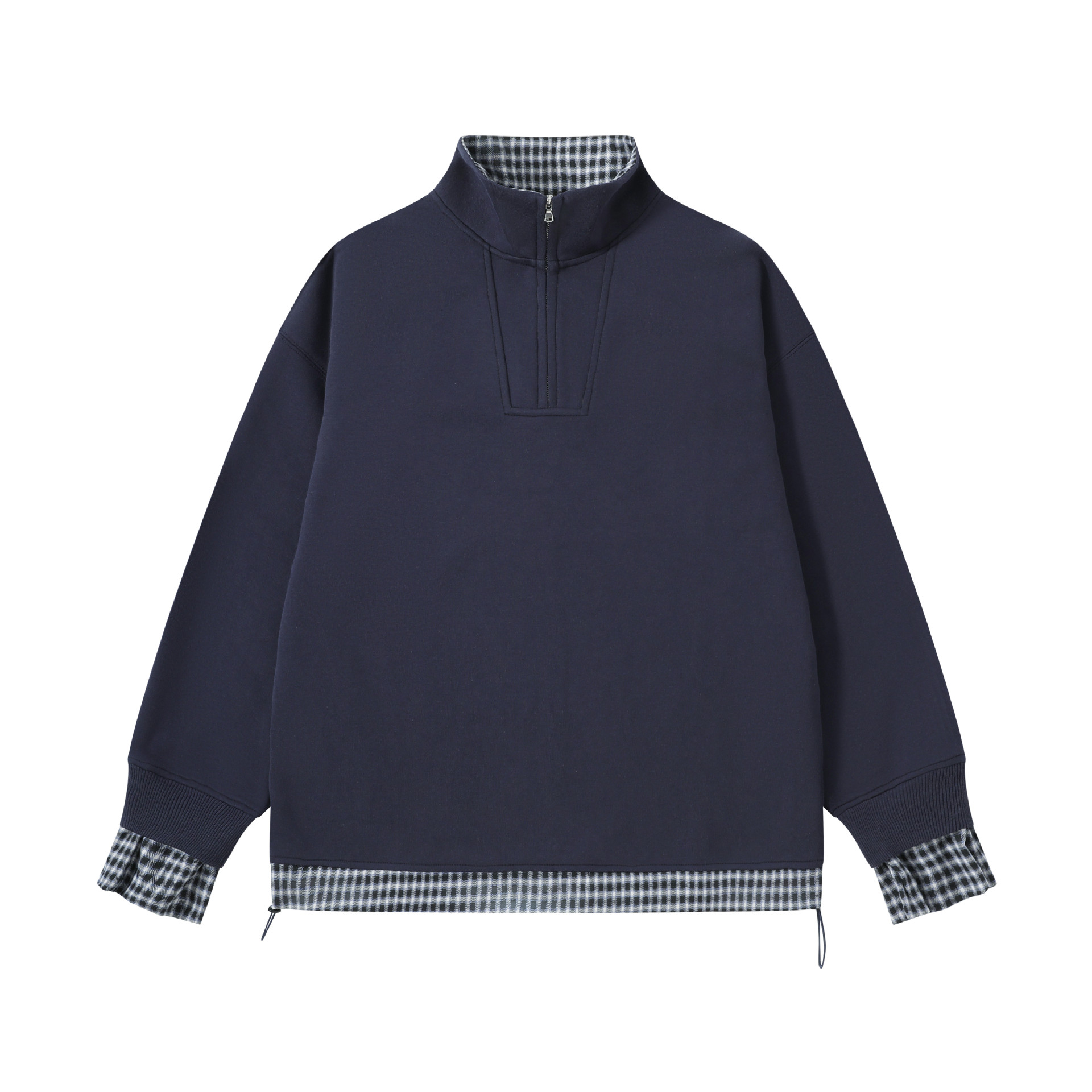 Cotton High Neck Checked Pieced Double-Layer Zipper Hoodie
