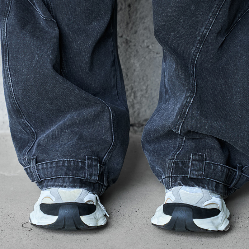 Retro Washed Deconstructed Knife-Edge Denim Pants Unisex Trendy Loose Hip-Hop Wide Leg Pants Black Scythe Style Pants