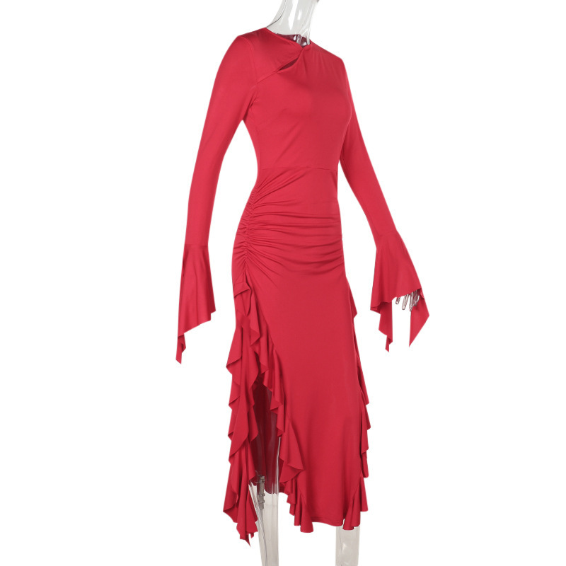 Round Neck Full Sleeve Polyester Cutout Dress