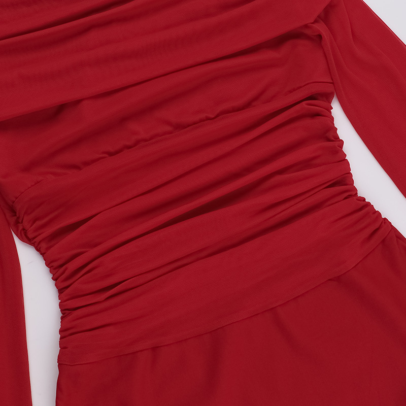 Asymmetrical Long Sleeve Sheer Ruched Side Vent Skirt
