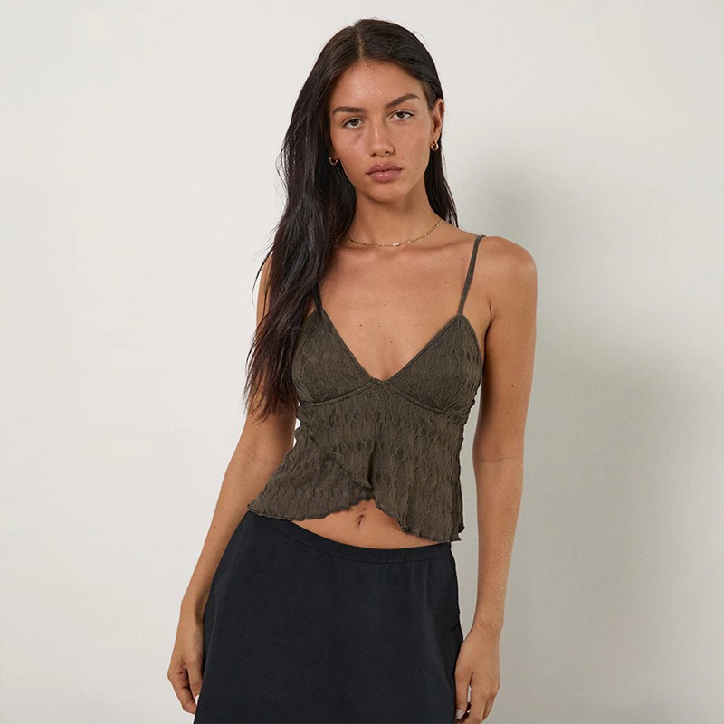 Figure-Hugging Asymmetric Scalloped Plunge Top