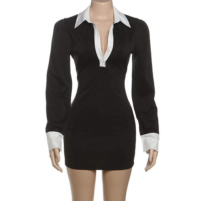 Two-Tone Bodycon V-Neck High-Waisted Long-Sleeve Polyester Dress