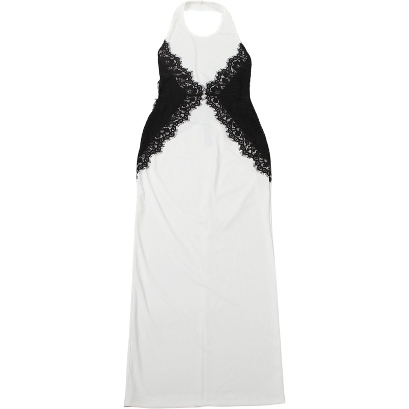 Halter High Waist Fitted Bicolor Perforated Paneled Dress