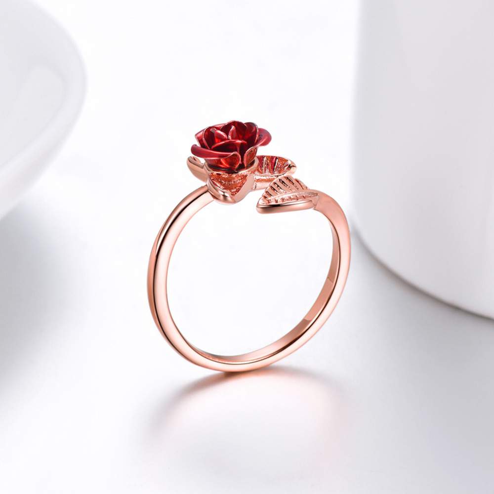 U7 Red Rose Garden Flower Leaves Resizable Finger Rings for Women Valentine's Day Gift Jewelry Hot Sale Open Ring R1019