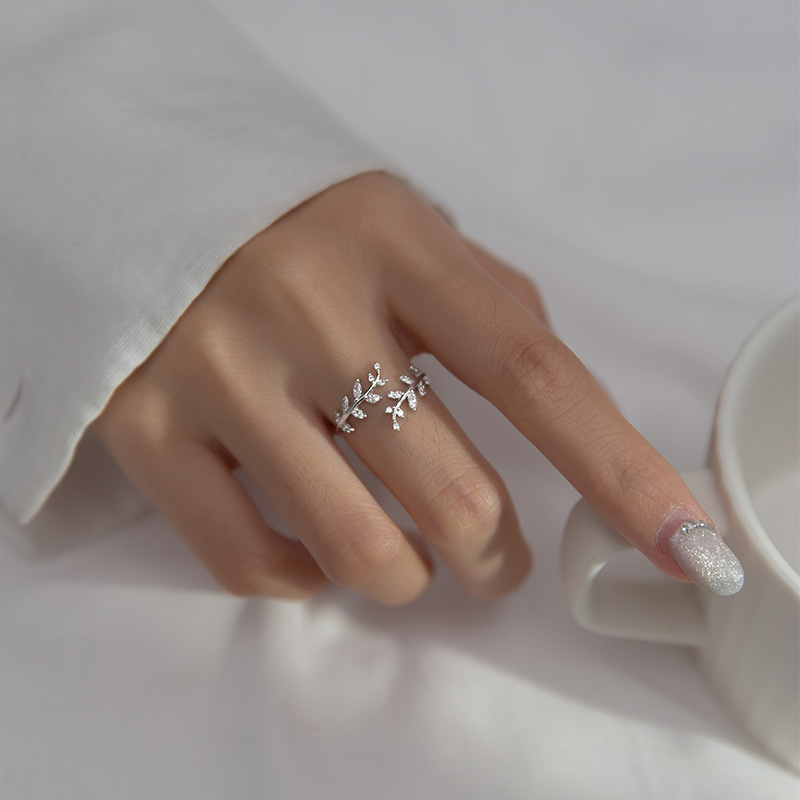 S925 sterling silver diamond branch bud ring for women with branch and leaf open ring