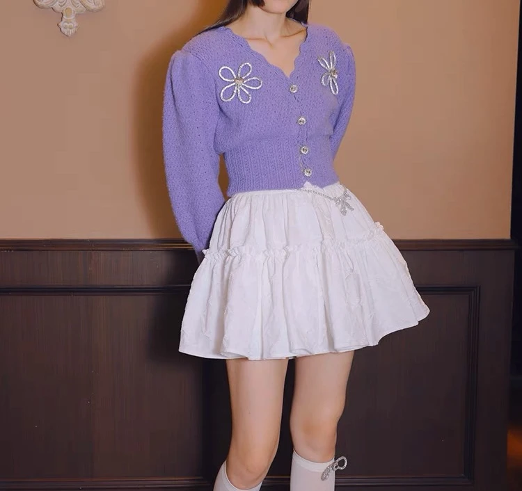 Cotton Violet Bow Plunging Balloon Cardigan