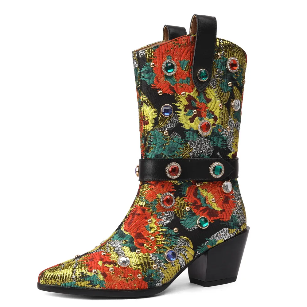 New Arrival Ethnographic Style Women Cow Leather Mid Calf Boots Pointed Toe Thick Heels Crystal