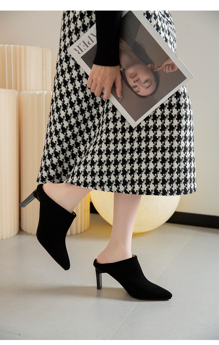 Retro stiletto pointed toe mules for women summer outer wear half slippers