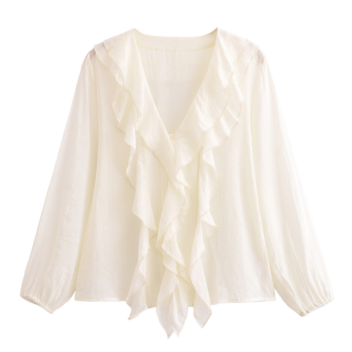 Modern Frill Trim Plunging Neckline Long Sleeve Shirt