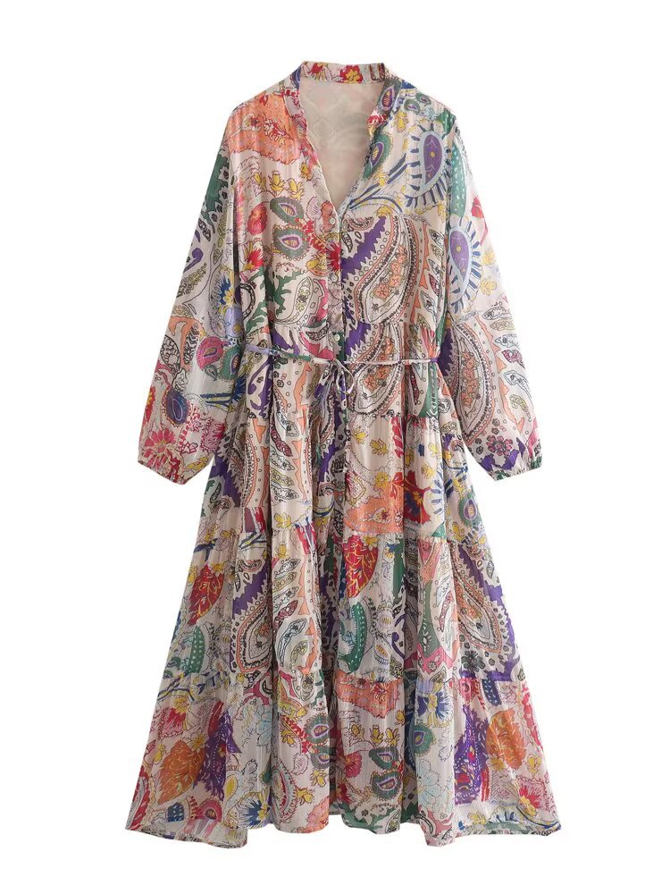 Women's Clothing V-neck Long-sleeved Printed Dress