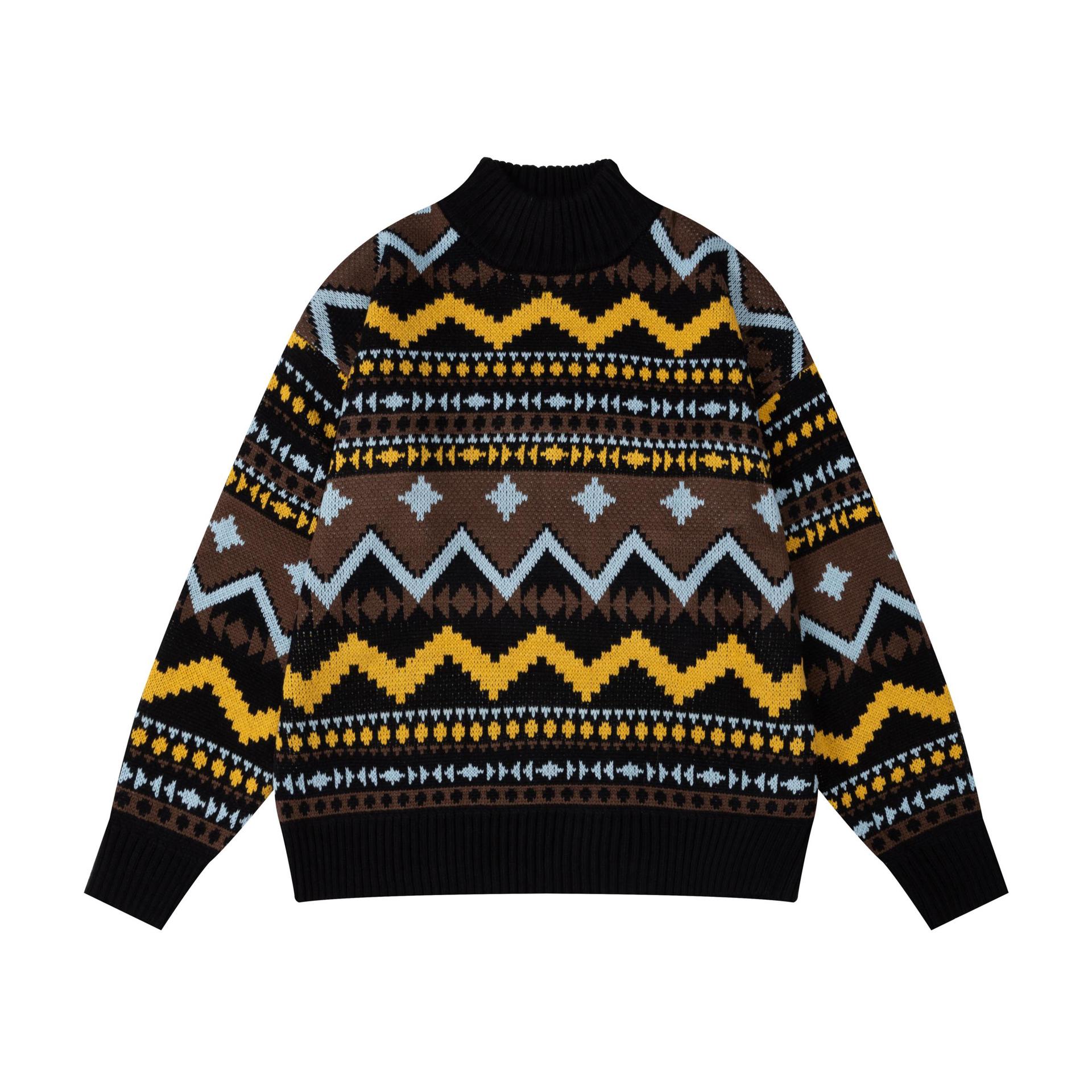 Retro Print Long Sleeve Stand Collar Sweater