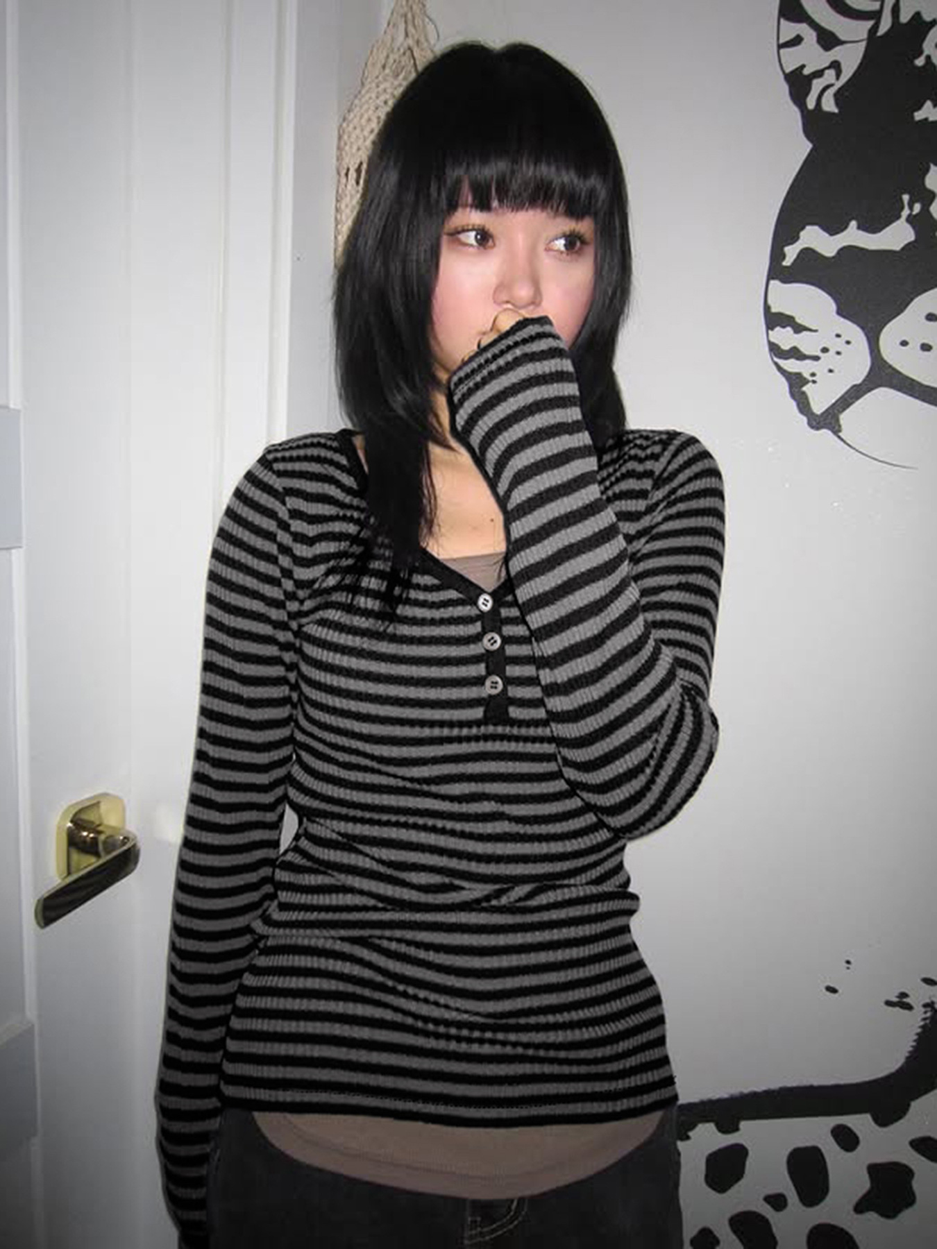 Simple Fashion Striped Color Block Round Neck Basic Long Sleeve Slim Fit Versatile Slimming Casual Short Top