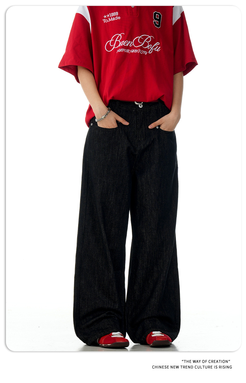 Denim Jeans Faded Unisex Straight A-Line Slim Clean Fit Versatile Long Pants