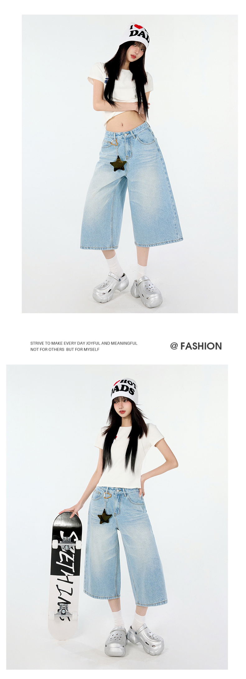 Design Creased 7/8 Length Jeans Women Summer Loose Wide-Leg Casual Lazy Mid-Length Pants