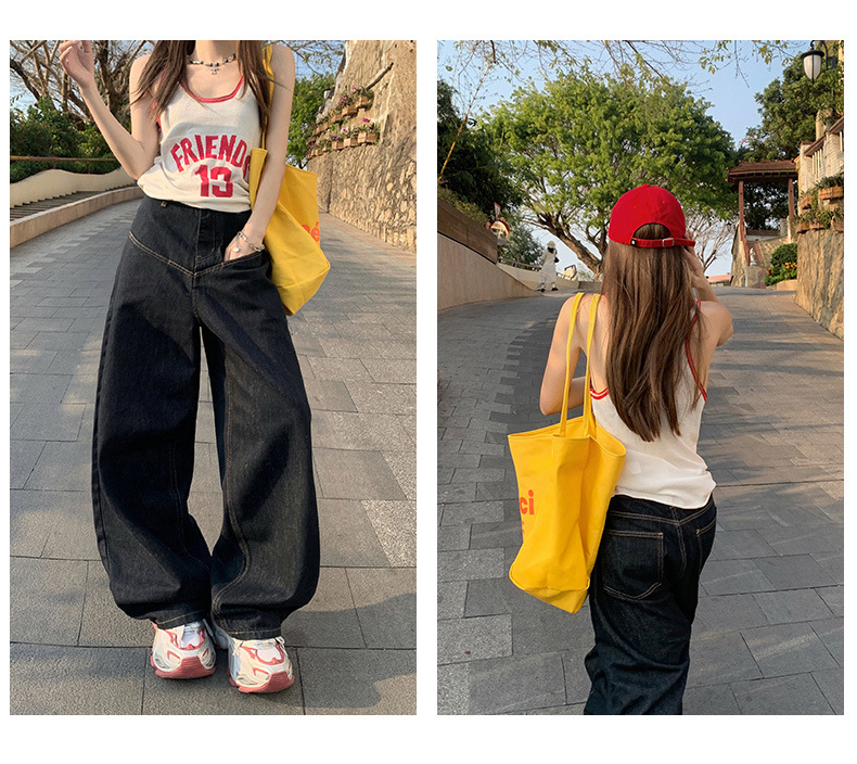 Loose Wide-Leg Jeans for Women Casual Drop-Crotch Pants with Drapey Patchwork Design