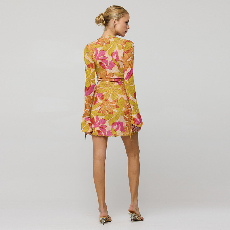 Ladies Tailored V-Neck Full-Length Sleeve Patterned Polyester Dress